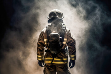 Fototapeta na wymiar Firefighter stepping out of fire and smoke, high quality generative ai