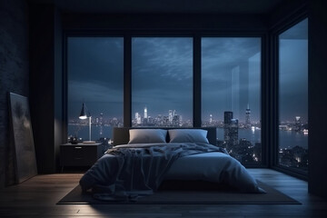Interior of a bedroom, at night. City in the background. AI-generated 