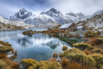 Fototapeta na wymiar serene lake nestled among snow-capped mountains. Generative AI