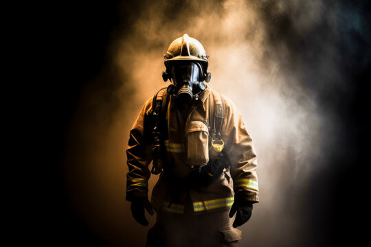 Firefighter with breathing apparatus portrait with smoke in background, high quality generative ai
