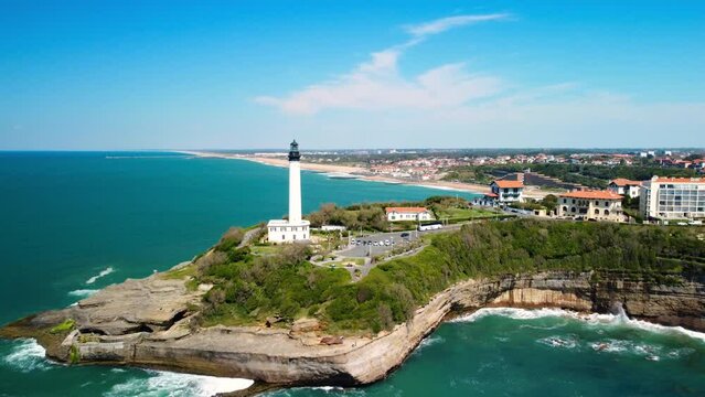 Aerial view of Biarritz lighthouse and coastline, Aquitaine, France. High quality 4k footage