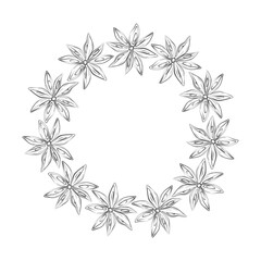 Abstract circle frame of hand drawing star anise with copyspace. Line art. Contour drawing design.