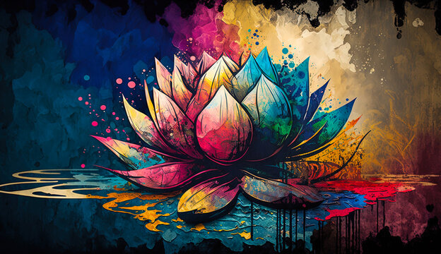 Abstract mixed grunge colors lotus water lily background painting. Digital painting art in multi colors style. Digital illustration generative AI.