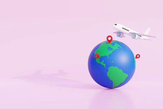 Plane flying around the world with location pins. Travel and itinerary. Vacation. Travel time on pink background. 3d rendering.