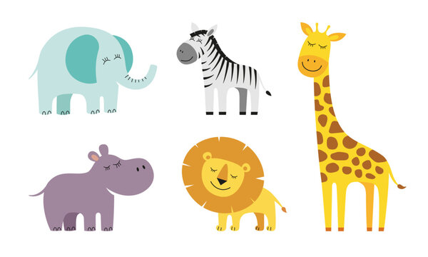 Cute cartoon style giraffe, elephant, lion, zebra and hippo. Drawing african baby wild animal set. Kind smiling jungle safari animals collection. Vector eps creative graphic hand drawn prints