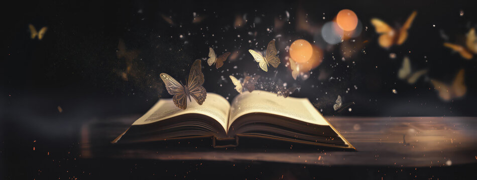 fairytale mystical open book with butterflies and golden sparkles wide banner design for headers with copy space area - Generative AI