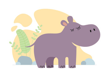 Cute cartoon hippo. Drawing african baby wild animal smiling hippopotamus. Kind smiling jungle safari animal. Vector eps creative graphic hand drawn print