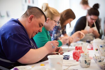 Group of people with intellectual disability painting during activity group. Generative AI