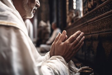 Close up shot of priest hands praying in church. Generative AI