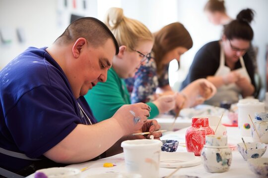 Group of people with intellectual disability painting during activity group. Generative AI