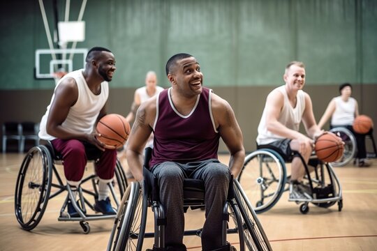 Group of men in wheelchair playing basketball. Minorities and diversity concept. Generative AI