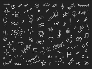 Hand drawn set of abstract doodle elements. Decorative illustrations in sketch style. Arrows, heart, stars, flowers, hearts, signs and symbols. Vector illustration isolated on black background