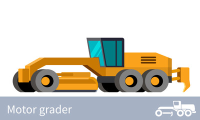 Modern motor grader machine. Construction vehicle symbol with shovel and rear mounting ripper. Vector icon illustration on white background