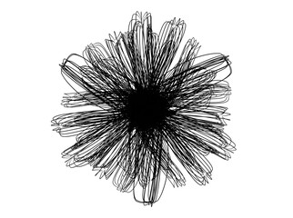 Hand drawn black grungy round ink scribble flower. Isolated grunge element. Sketchy line shape. Grunge brush strokes
