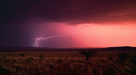 Naklejka na ściany i meble Lightning streak across the desert. Generative AI