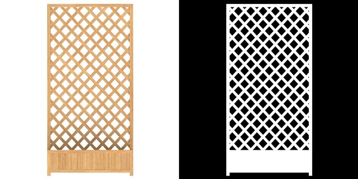 3D rendering illustration of a wooden trellis panel with planter