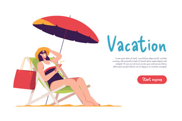 Young woman wearing hat and sunglasses sitting in lounge deck chair at the beach and drinking cocktail. Vector illustration