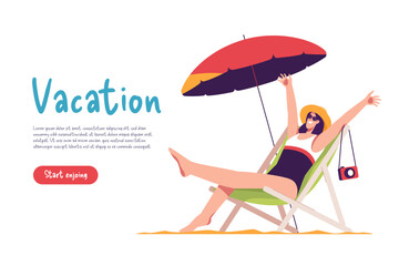 Rejocing young woman wearing hat and sunglasses sitting in lounge deck chair at the beach. Vector illustration