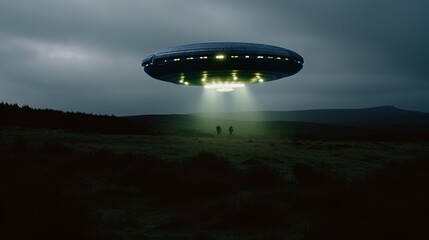 Fototapeta na wymiar A flying saucer or UFO in the night sky with lights. Generative AI. 