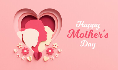Happy Mother's Day flyer template. Celebration banner in paper cut, greeting card with text and copy space in 3D illustration - obrazy, fototapety, plakaty