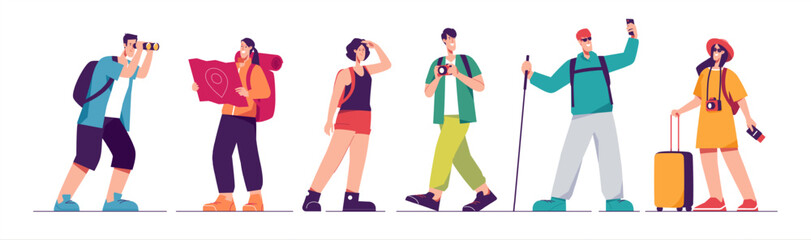 Set of tourists characters, traveling people. Vector illustration on the subject of summer vacation, adventures, hiking, exploring, journey, recreation