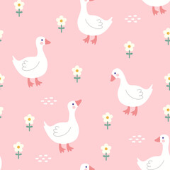 Cute goose on a pink girly background with camomile yellow flowers, kids fabric and textile vector print design, seamless pattern