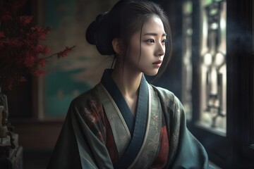 A clean shot of a east asian girl wearing a traditional dress in a ancient house ai generative illustration