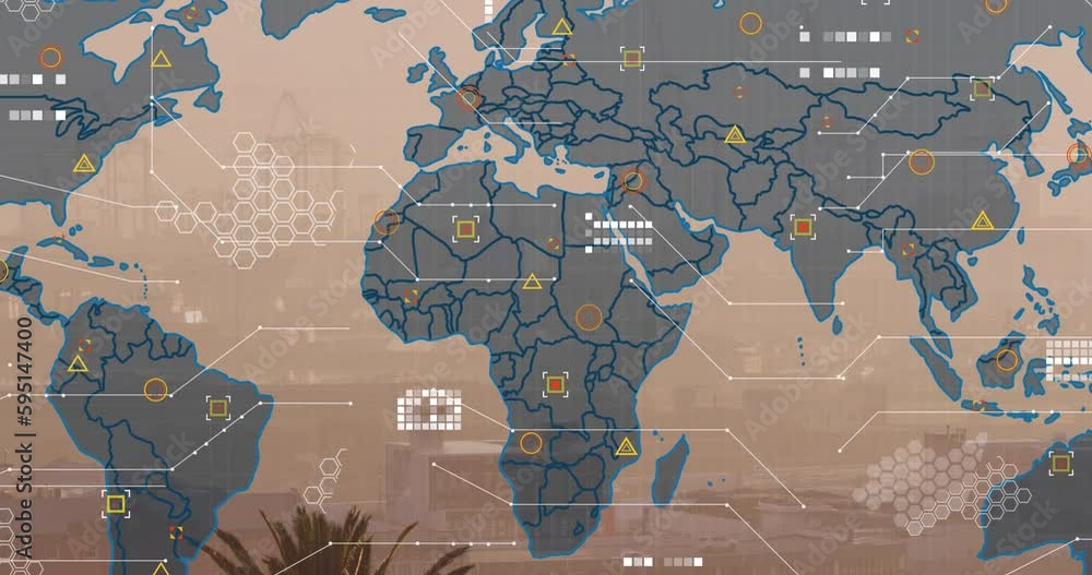 Poster animation of world map and data processing against aerial view of cityscape