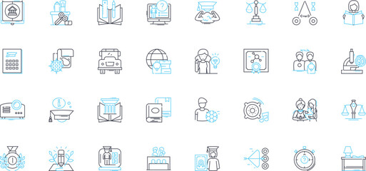Middle school linear icons set. Adolescence, Education, Homework, Socializing, Friendship, Stress, Transition line vector and concept signs. Clubs,Extracurriculars,Growth outline illustrations