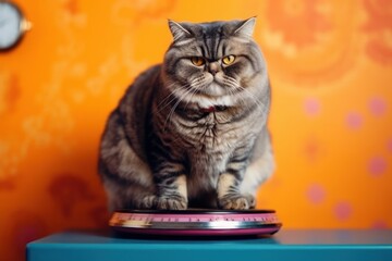 Sad fat cat and scales. AI generated, human enhanced - obrazy, fototapety, plakaty