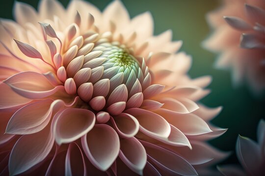 Fresh Pink Dahlia Flower Head On Light Green Defocused Background. AI Generated, Human Enhancement