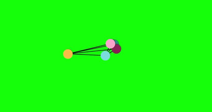 Animation with moving lines and circle shapes linked together. Abstract motion design for logo or loader on green background. 4k resolution geometric animation.