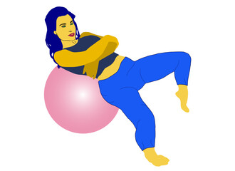 Victor girl practicing on the rubber ball exercises for the vertebrae of the back