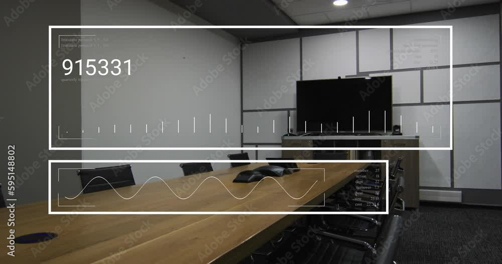 Poster animation of changing numbers and graphs in rectangles over unoccupied room with chairs and monitor