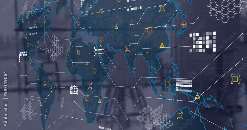Poster animation of circuit board pattern on map and geometric shapes over empty office