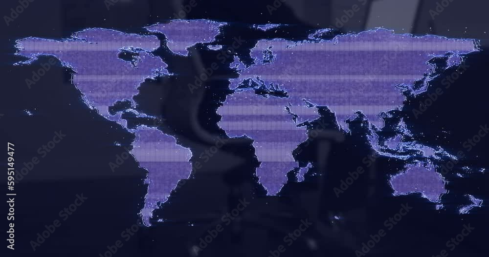 Poster animation of glitch effect over world map against empty office