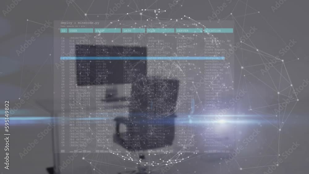 Poster animation of digital interface, connected dots forming globes over empty chair and desktop on desk