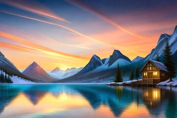 Fototapeta na wymiar Fantastic winter landscape with mountain lake and wooden house at sunset Generative AI