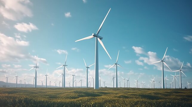 A row of wind turbines in a field. AI