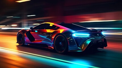 Obraz na płótnie Canvas Fast supercar driving at high speed, with stunning neon lights city glowing in the background. AI generated