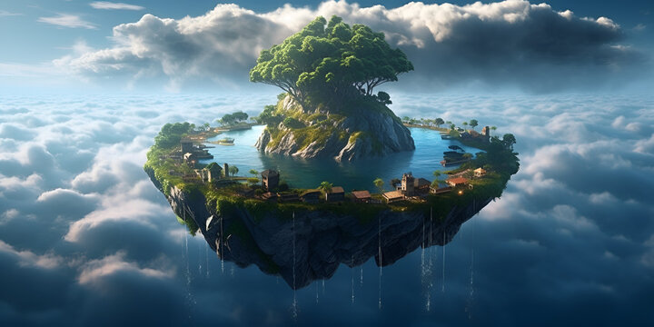 An island floating in the sky with inhabitants and houses