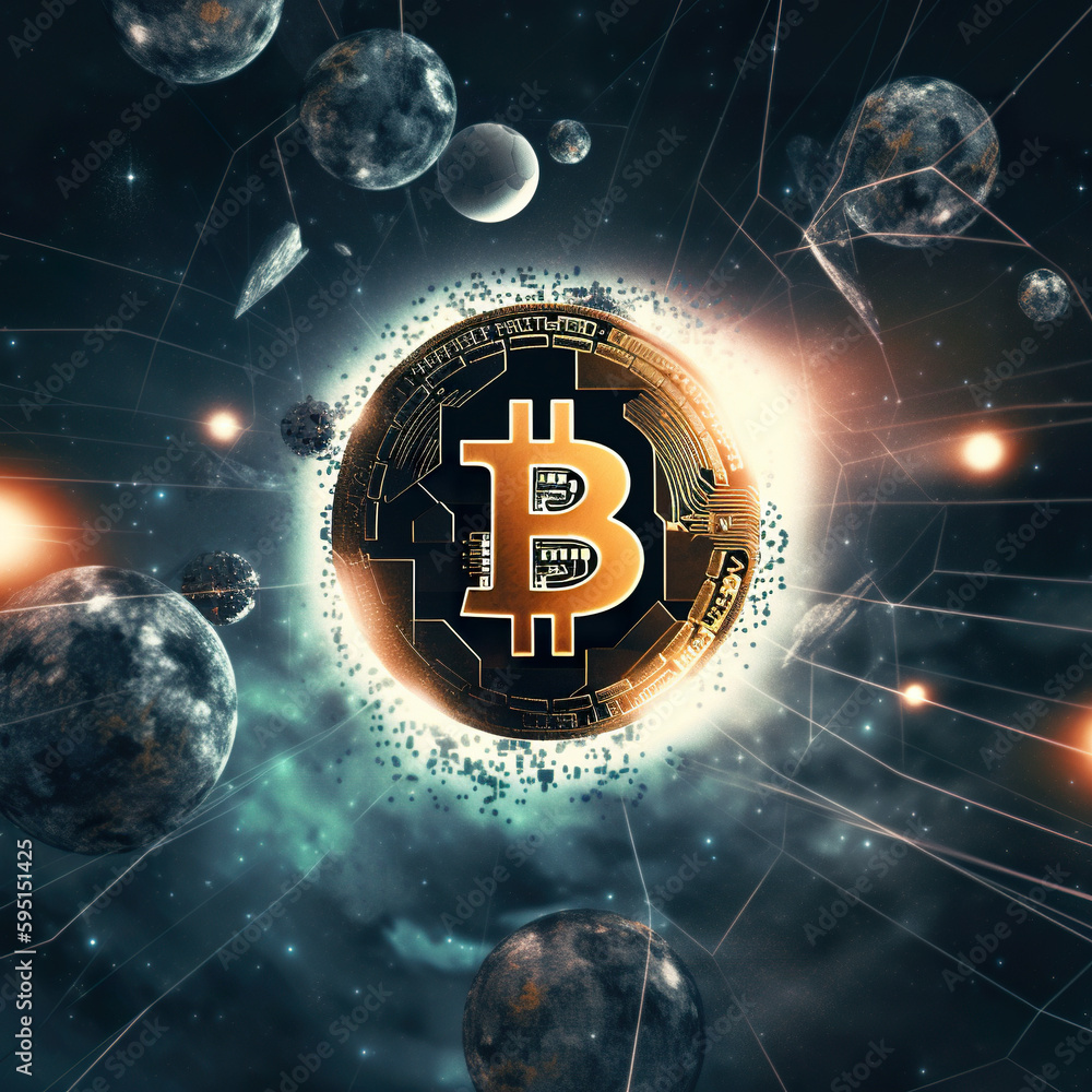 Poster a bitcoin surrounded by space and planets. ai generative image