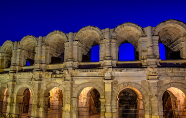 Roman Amphitheatre, Arles, Provence, France in night.