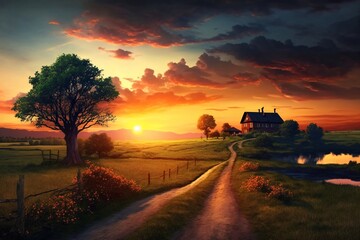 Fototapeta premium large field landscape with a small cottage at sunrise created with Generative AI technology