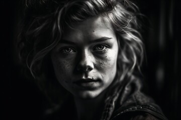 black and white illustration of a young girl created with Generative AI technology
