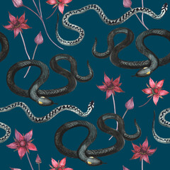 Watercolor gothic seamless pattern with black snakes and red flowers