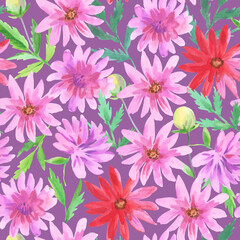 Fototapeta na wymiar Colorful seamless pattern with watercolor pink and red dahlia flowers.