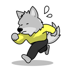 Cute wolf character running impatiently because he is about to be late | 遅刻しそうで焦って走っているかわいい狼のキャラクター