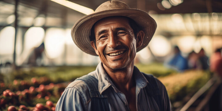 Happy Latin farmer working inside agricultural greenhouse - Farm people lifestyle concept, Generative Ai