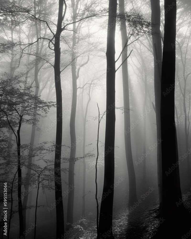 Poster a forest filled with lots of tall trees covered in fog. ai generative image